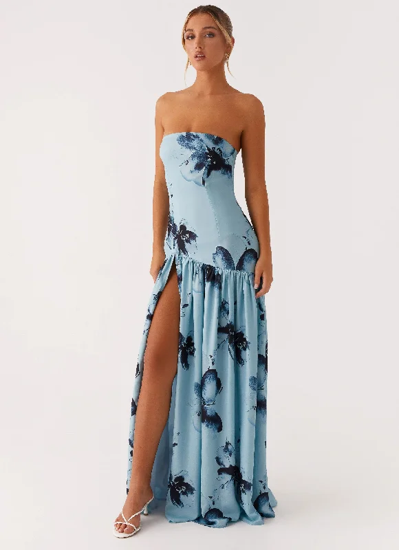 Cut-out skater dress-Eden Strapless Maxi Dress - Blue Black Floral