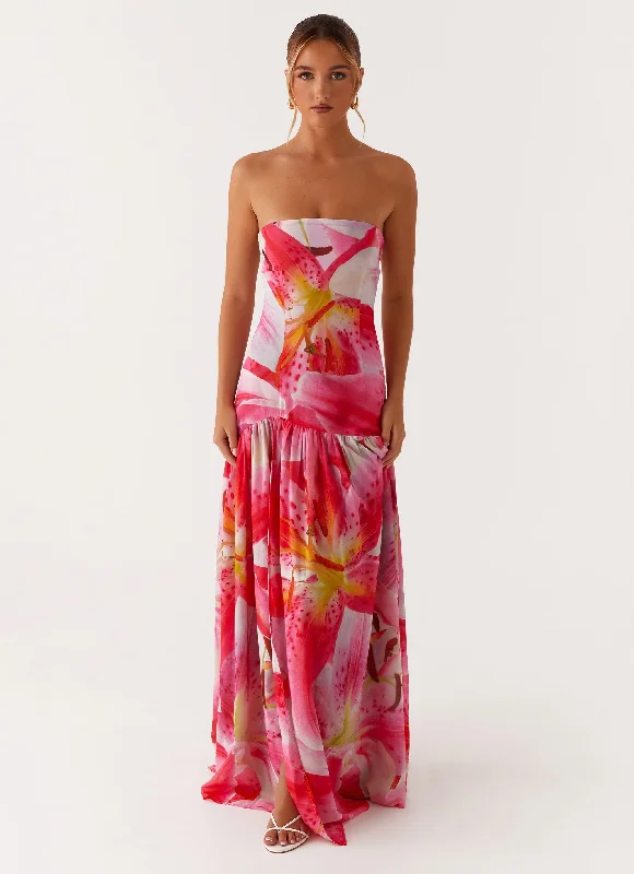 Gathered ruffle dress-Eden Strapless Maxi Dress - White Pink Lilly