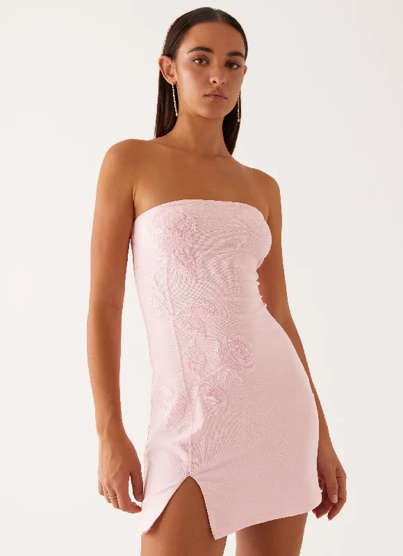 Asymmetrical evening dress-Enora Beaded Mini Dress - Baby Pink