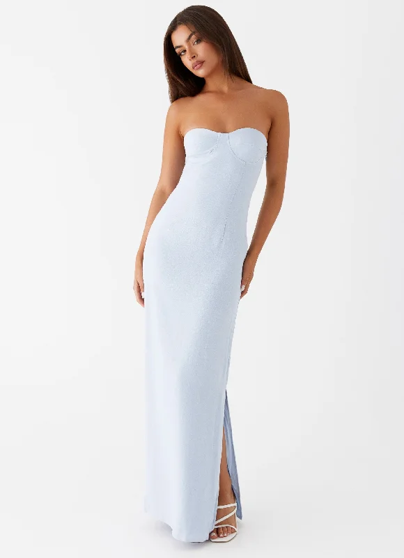 Short evening dress-Esra Linen Strapless Maxi Dress - Blue