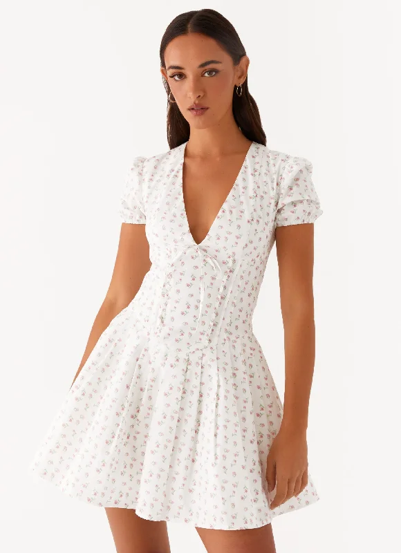 Ruffled skater dress-Falling Water Mini Dress - White Floral