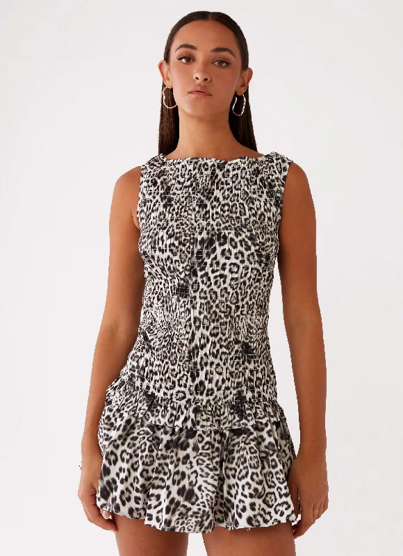 Pleated skater dress-Garden Kisses Shirred Mini Dress - Leopard