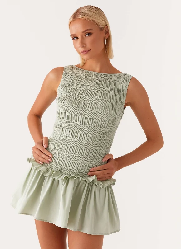 Lace skater dress-Garden Kisses Shirred Mini Dress - Sage