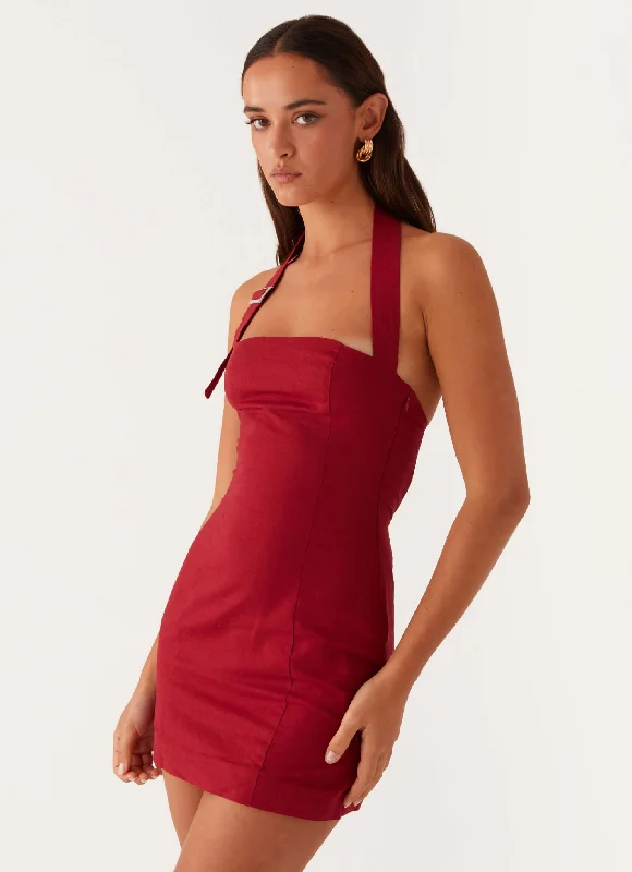 Tiered party dress-Julianna Linen Mini Dress - Maroon