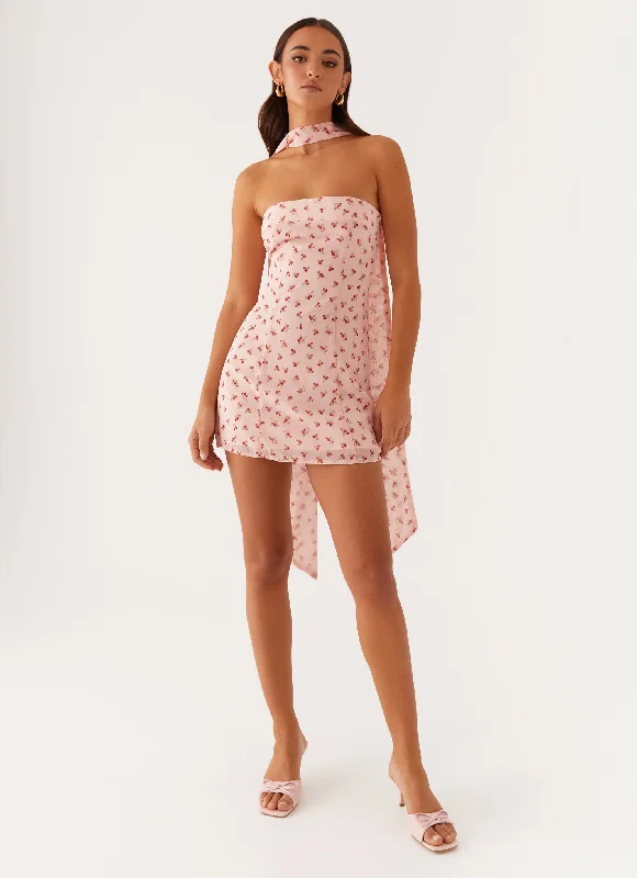 Halter neck party dress-Kiesha Strapless Scarf Mini Dress - Pink Flower