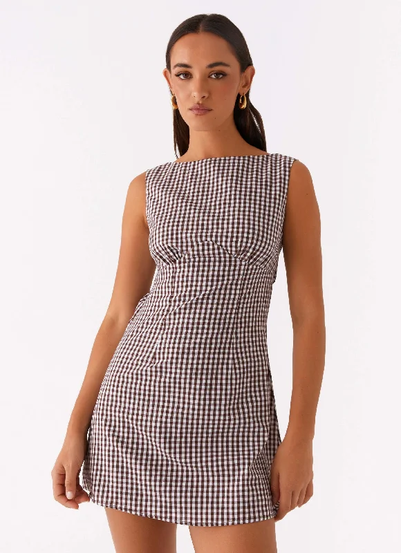 Off-shoulder party dress-Lotus Tie Back Mini Dress - Chocolate Gingham