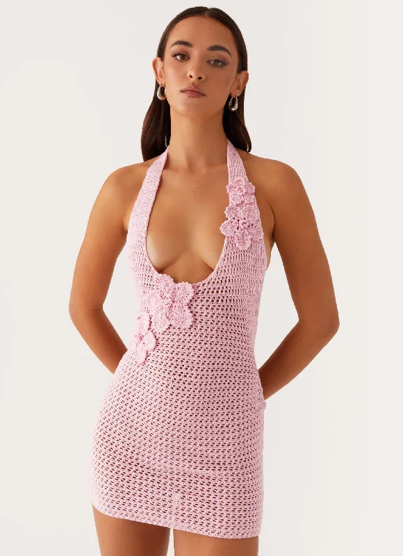 Corset party dress-Luciana Crochet Halterneck Mini Dress - Pink