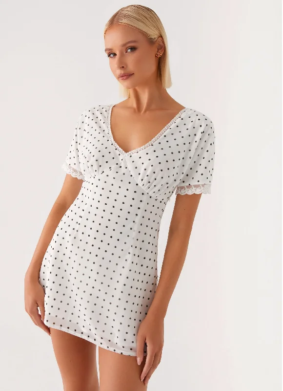 One-shoulder party dress-Marlowe Mini Dress - White Polkadot