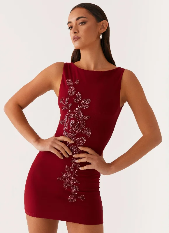 Backless cocktail dress-Matteo Beaded Mesh Mini Dress - Deep Red