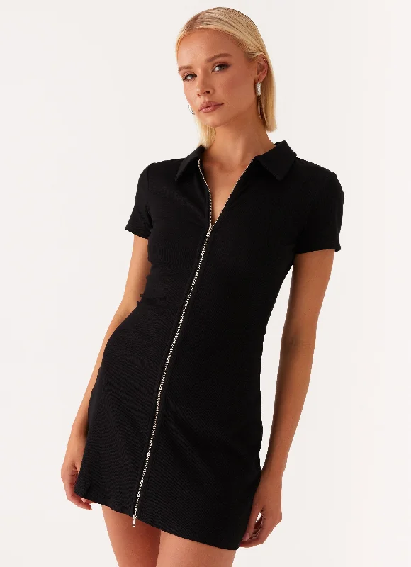 Short sleeve party dress-Matter Of Time Zip Front Mini Dress - Black