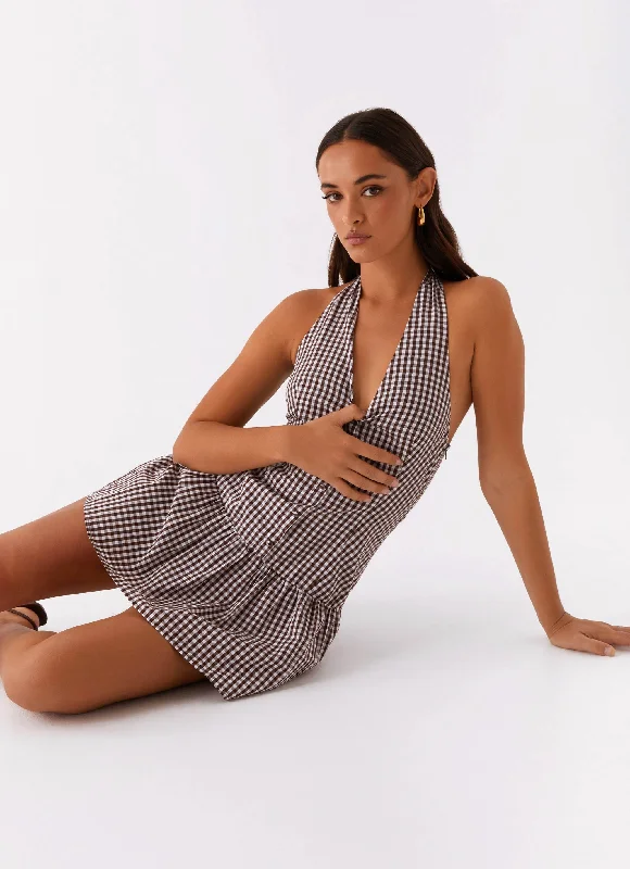 Tiered skater dress-New Look Shirred Halter Mini Dress - Chocolate Gingham