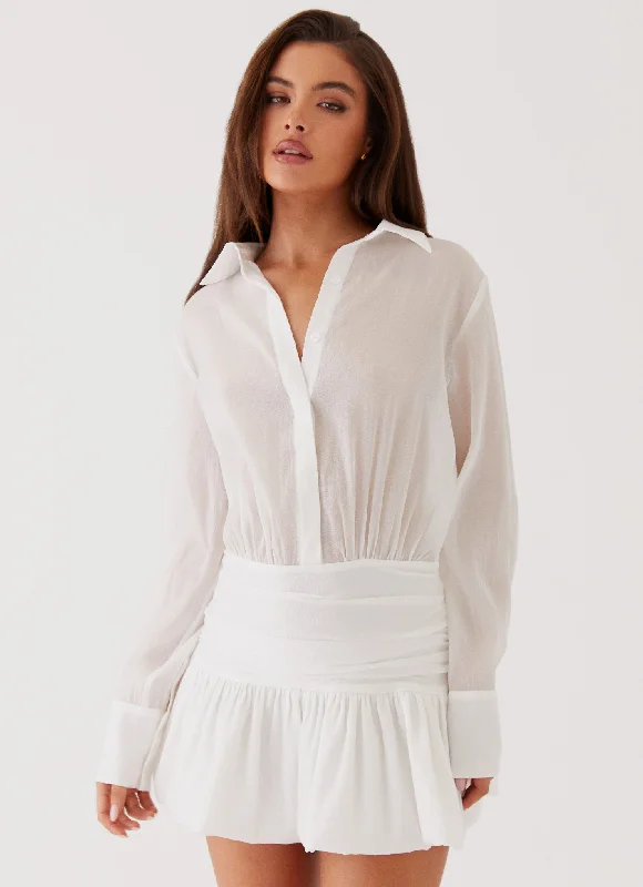 Off-shoulder skater dress-Rae Long Sleeve Shirt Dress - White