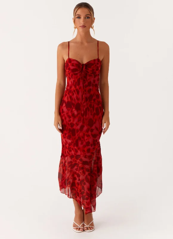 Bow-tie wrap dress-Sally Midi Dress - Deep Red Floral