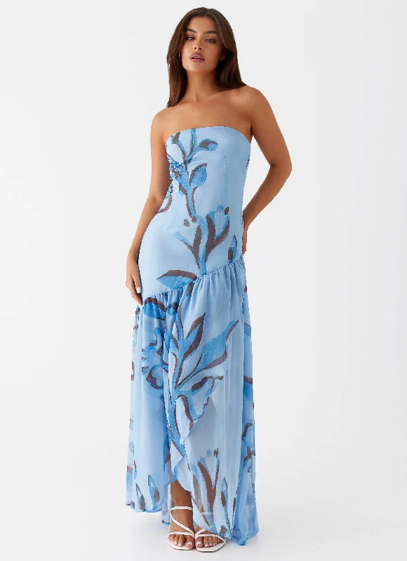 Polka dot skater dress-Solaris Strapless Maxi Dress - Blue Floral