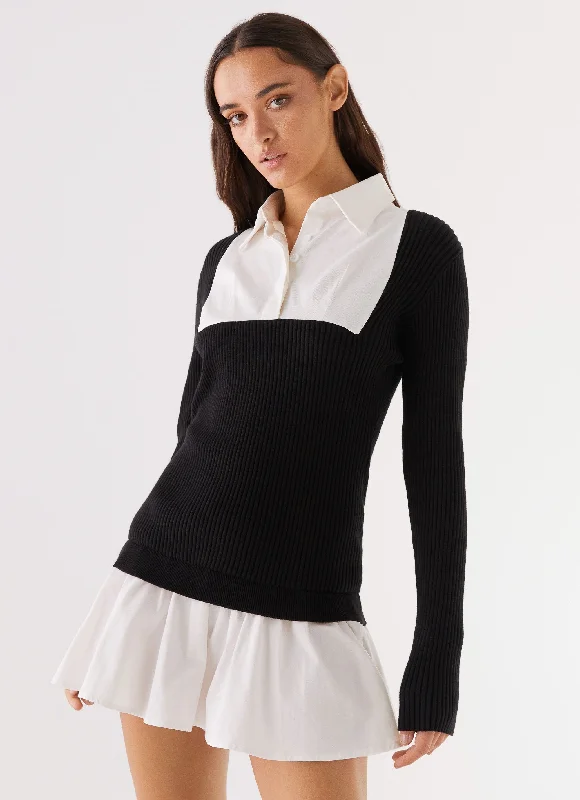 Velvet party dress-Somerville Knitted Shirt Dress - Black/White