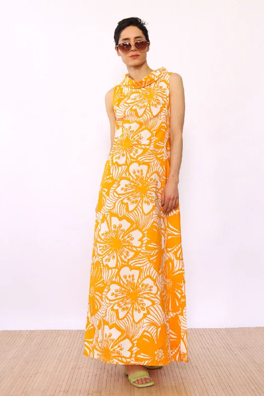 Polka dot party dress-1960s Scandi Citrus Cotton Maxi S