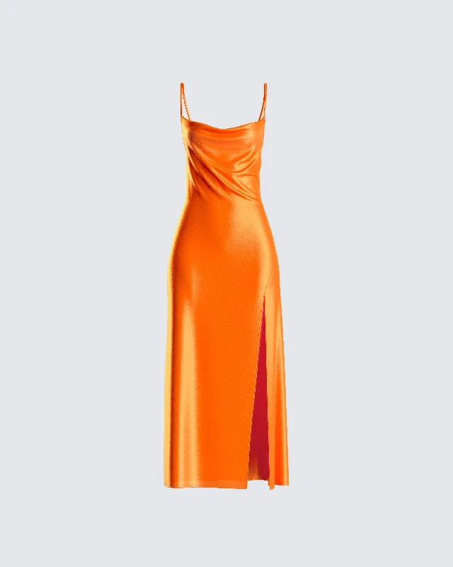 Short sleeve party dress-Alina Orange Satin Midi Dress