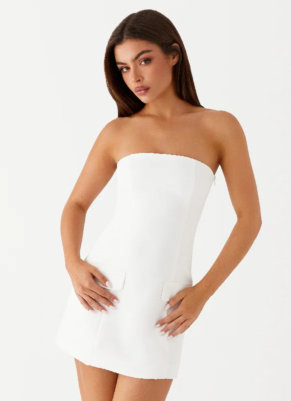 Satin party dress-Allora Strapless Mini Dress - White