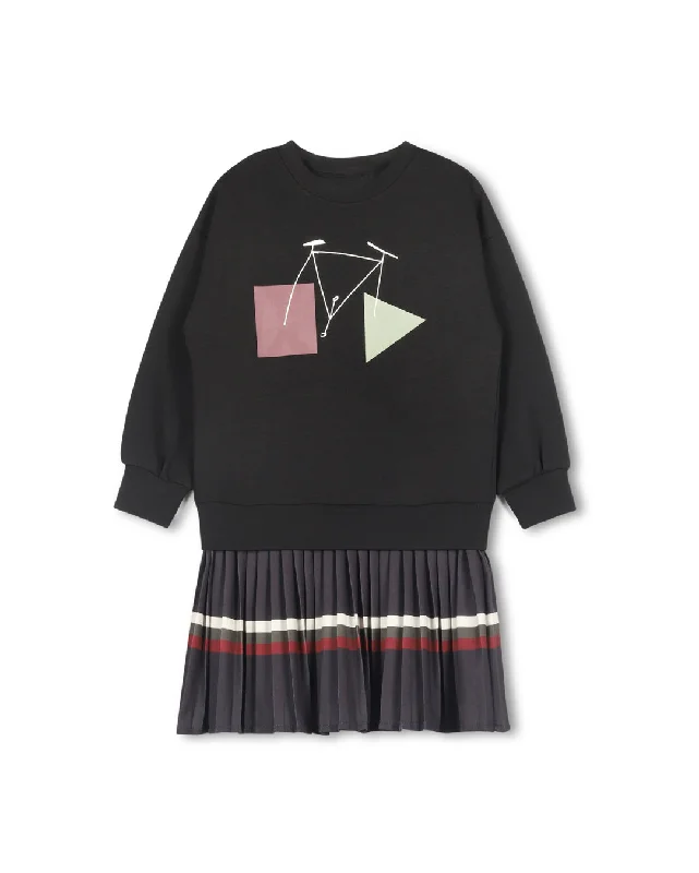 Pleated skater dress-Alvin - Bike Sketch Scuba Sweatshirt Dress