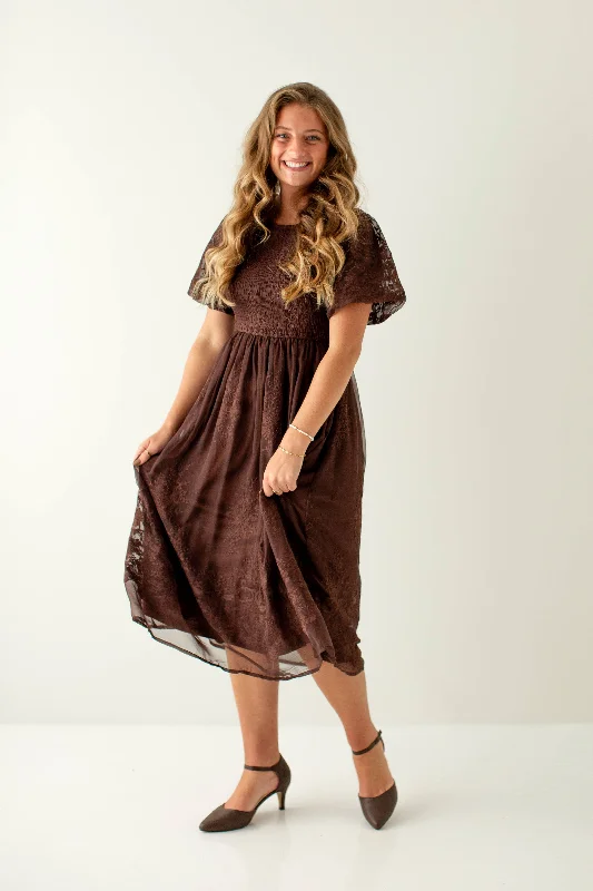 Floral skater dress-'Alyssa' Smocked Bodice Embroidered Floral Dress in Chocolate