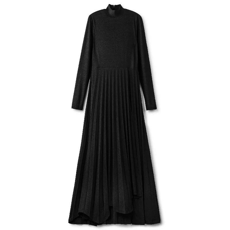 Short sleeve party dress-Asymmetric Long Pleated Dress - Black