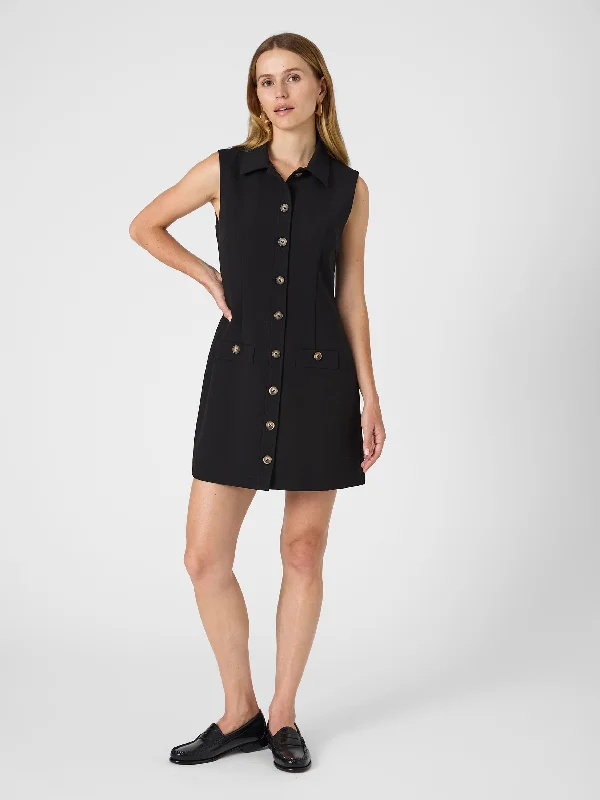 One-shoulder skater dress-Azra Twill Sleeveless Button Down Dress