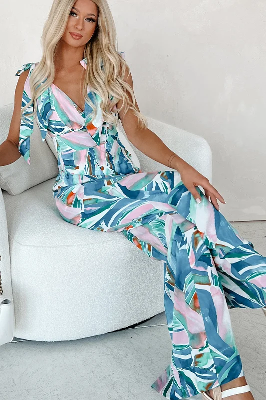 Tiered skater dress-Beautiful Horizon Printed Tie-Strap Wide Leg Jumpsuit (Blue Multi)