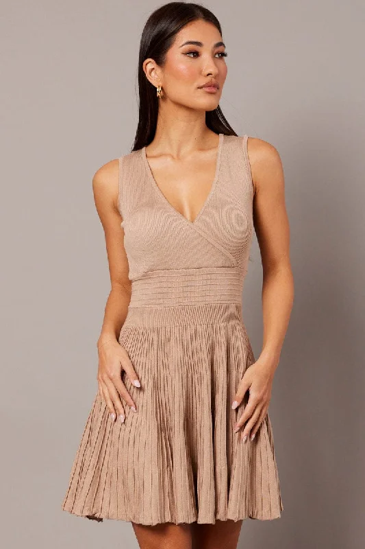 Off-shoulder party dress-Beige Knit Dress Sleeveless Fit and Flare