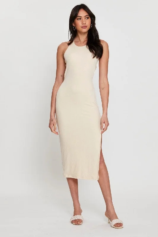 Ruffled party dress-Beige Midi Dress Bodycon