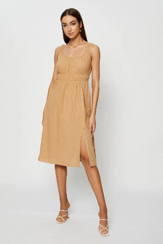 One-shoulder skater dress-Beige Midi Dress Sleeveless