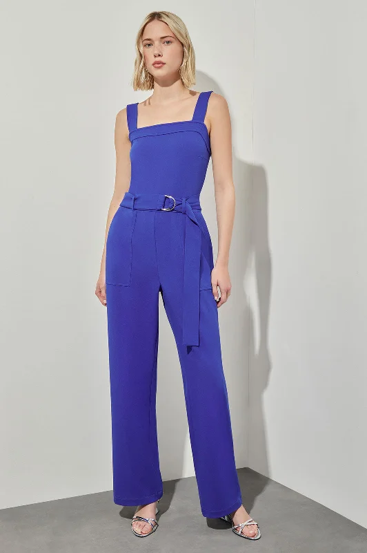 Short sleeve skater dress-Belted Jumpsuit - Sleeveless Stretch Deco Crepe, Sapphire Sea