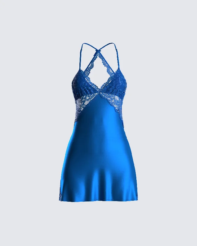 Ruched party dress-Bernadette Blue Lace Satin Dress