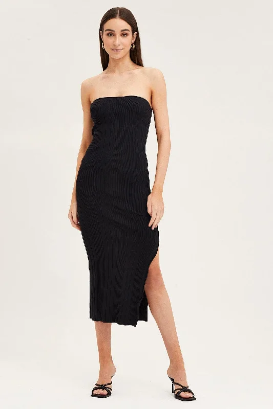 Halter neck party dress-Black Bandeau Knit Midi Dress