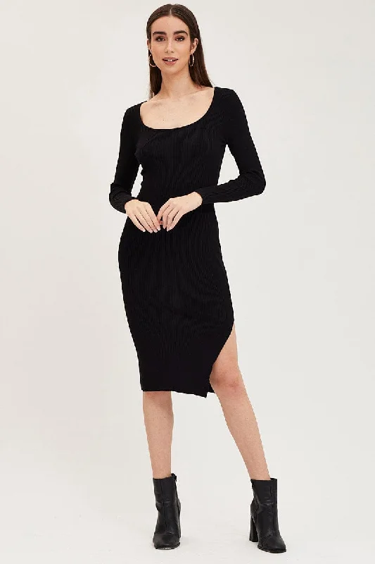 Ruffled party dress-Black Dress Long Sleeve Midi Knit