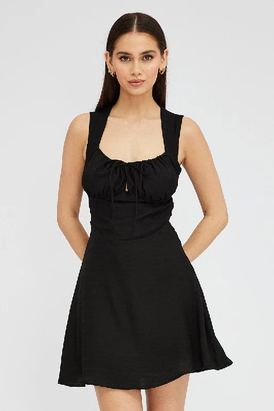 Backless cocktail dress-Black Fit and Flare Dress Sleeveless Corset