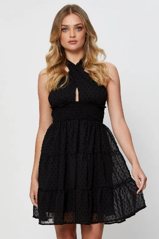 Smocked party dress-Black Fit And Flare Dress Sleeveless Halter Neck