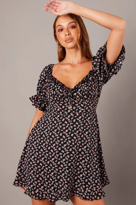 Gathered ruffle dress-Black Floral Fit And Flare Dress Puff Sleeve