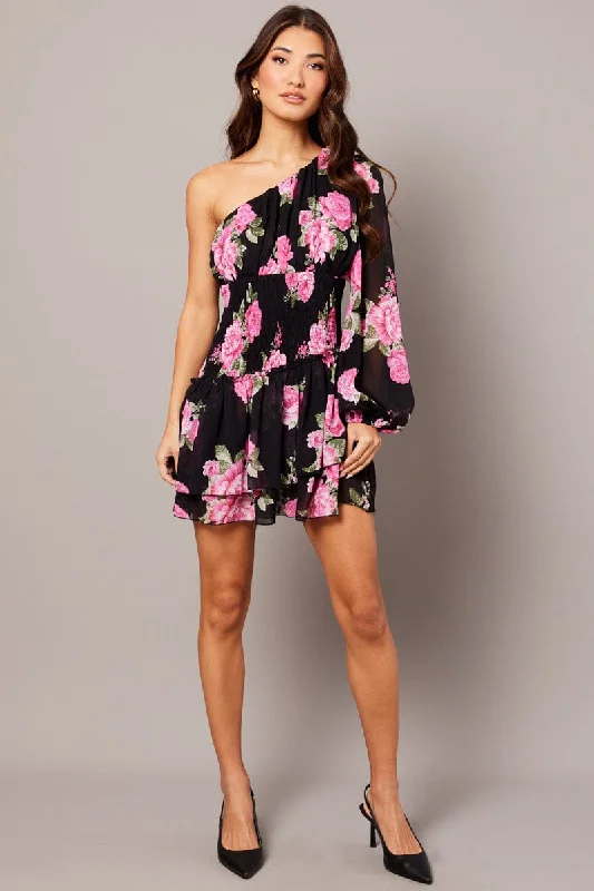 Orange satin dress-Black Floral One Shoulder Balloon Sleeve Layered Skater Dress