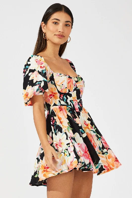 Ruched party dress-Black Floral Puff Sleeve Skater Dress