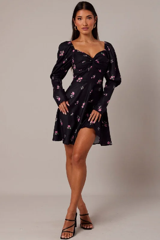 Slouchy T-shirt dress-Black Floral Skater Dress Puff Sleeve Dress Swishy