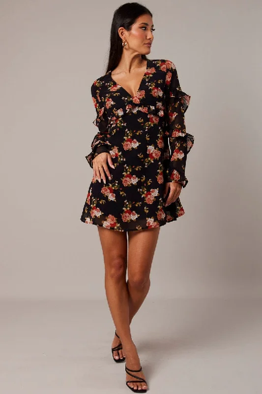 Halter neck party dress-Black Floral Smock Dress Ruffle Sleeve Dress