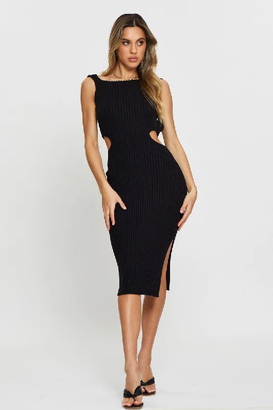 Tiered skater dress-Black Knit Dress Midi