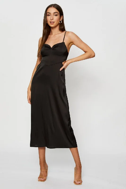 Long sleeve party dress-Black Midi Dress Cowl Neck Satin