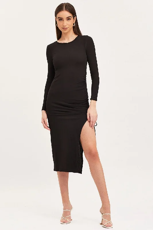 Fringe party dress-Black Midi Dress Long Sleeve Bodycon