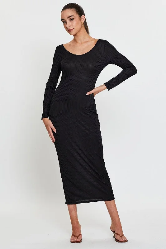 Lace skater dress-Black Midi Dress Long Sleeve Bodycon