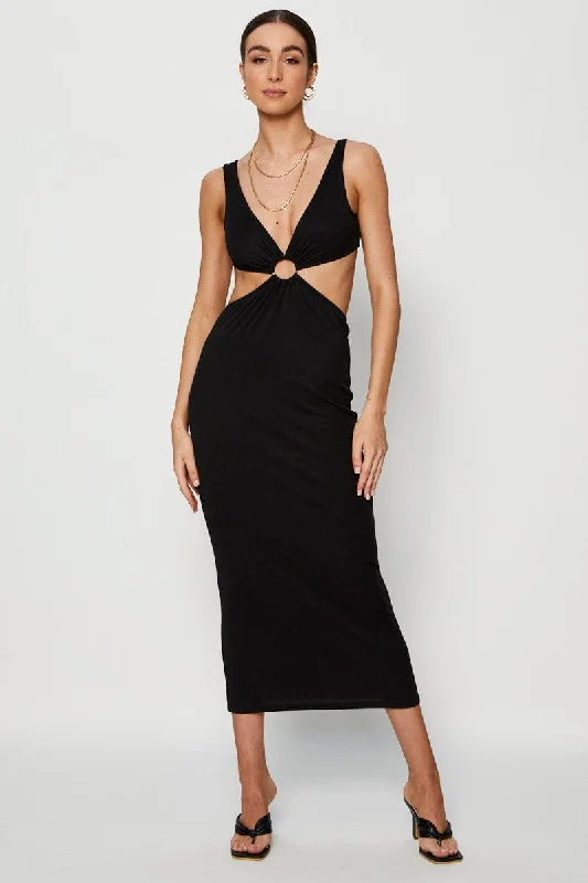 Ruched party dress-Black Midi Dress Ribbed Cut Out