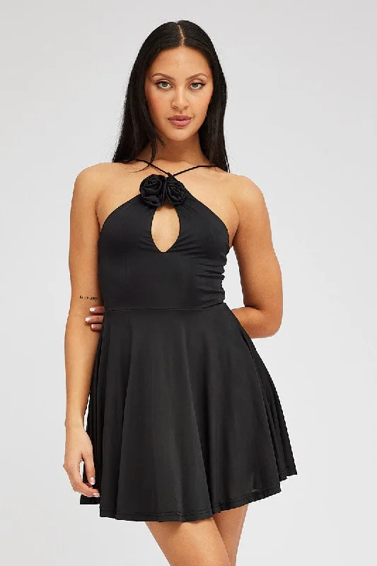 Backless cocktail dress-Black Rose Flower Dress Keyhole Strappy Swishy Dress