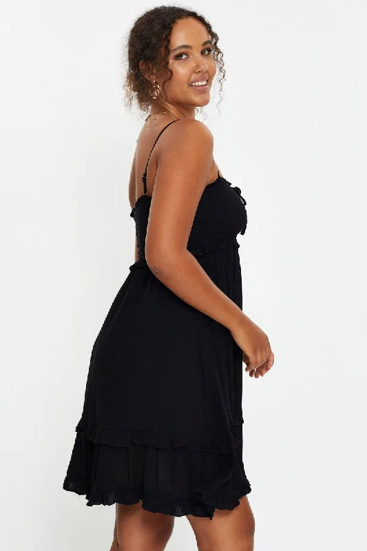 Fringe party dress-Black Sleeveless Shirred Ruffle Summer Dress