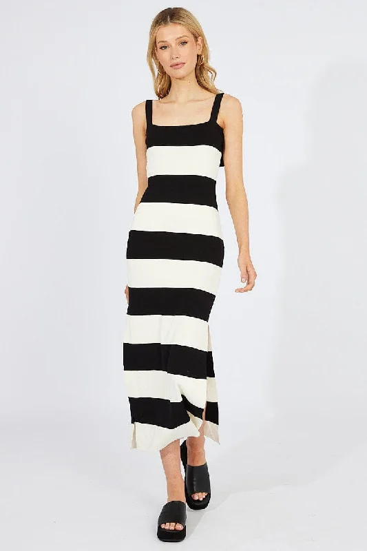 Luxe evening dress-Black Stripe Knit Dress Sleeveless Tie Shoulder