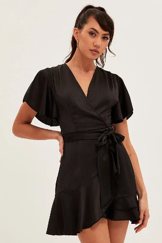 Fringe skater dress-Black Wrap Dress Evening Satin